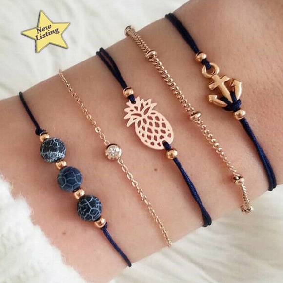 5 separate pieces -  gold color bracelet set - pineapple, beads, anchor and more - Picture 2 of 4